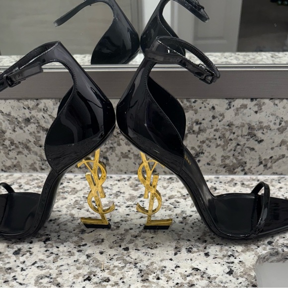 Yves Saint Laurent Black Heels with Gold Logo Accent - Picture 3 of 6